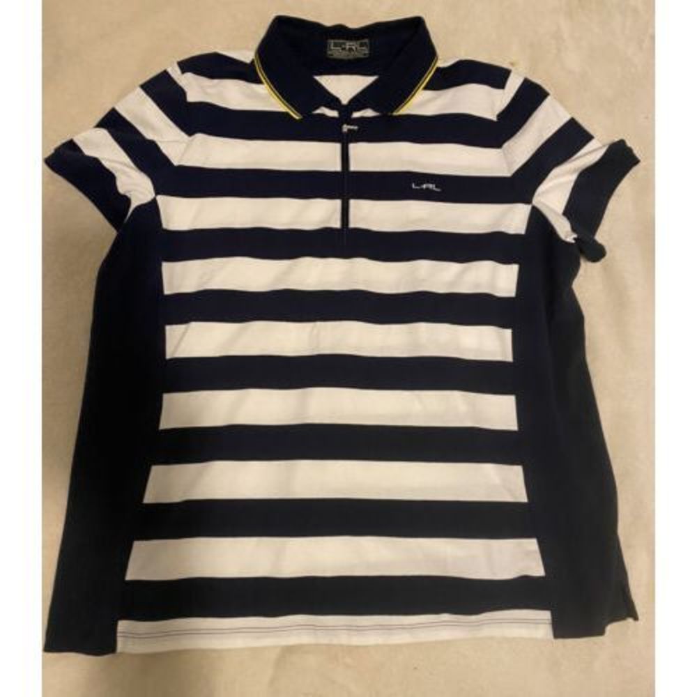 LRL Ralph Lauren Lauren Active Womens L Polo Shirt Blue White Zip Collar Logo